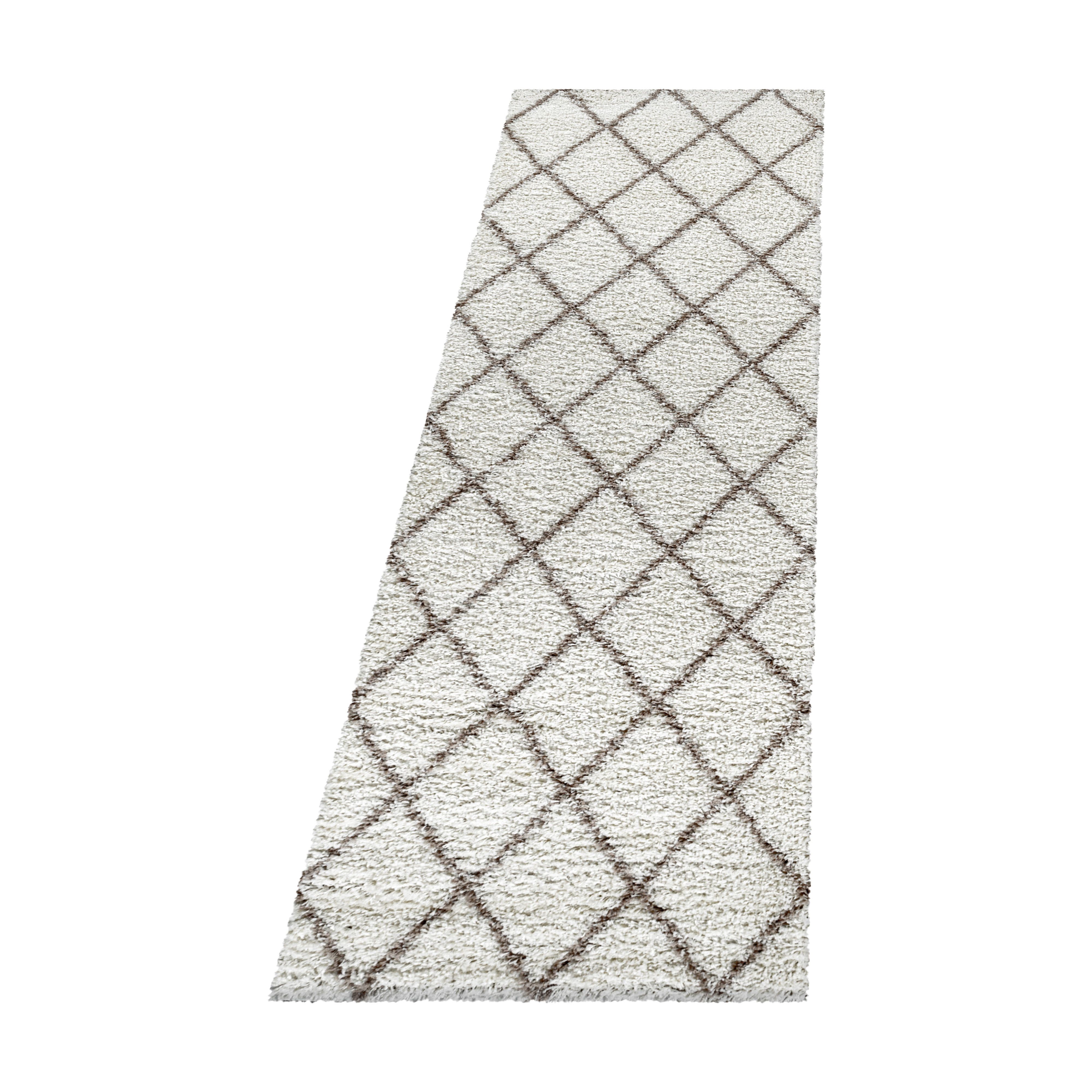 Hochflor Teppich, Geometrisch Design, Farbe Creme, Teppich für Wohnzimmer, Rücken aus Jute, Größe: 80 x 250 cm